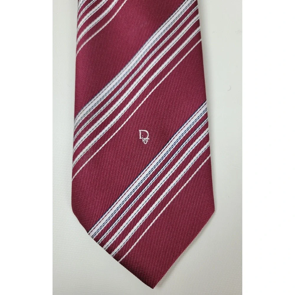 Christian Dior Mens Burgundy Striped Silk Blend Necktie Vintage Logo Tie